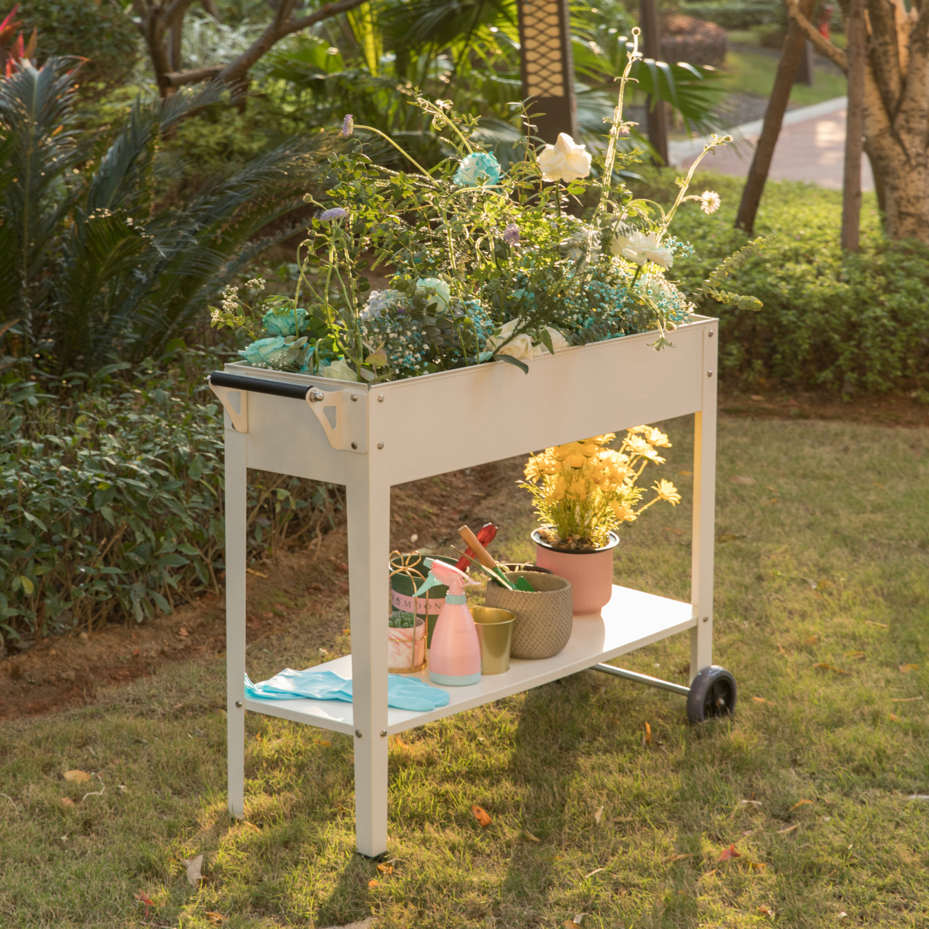 Mobile Planter Raised Garden Bed Rectangular Flower Cart with Shelf