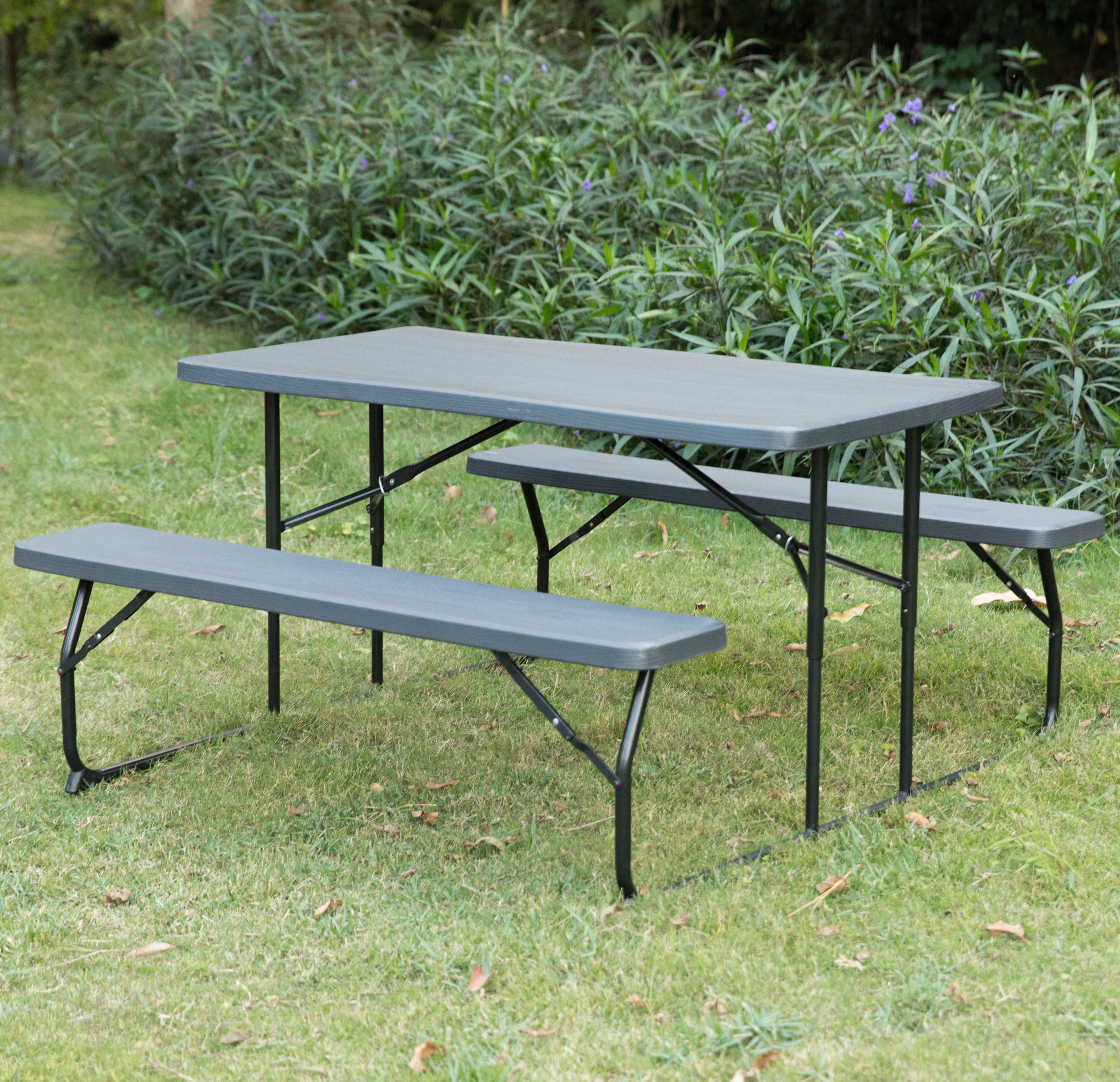 Outdoor Woodgrain Picnic Table Set with Metal Frame, Gray