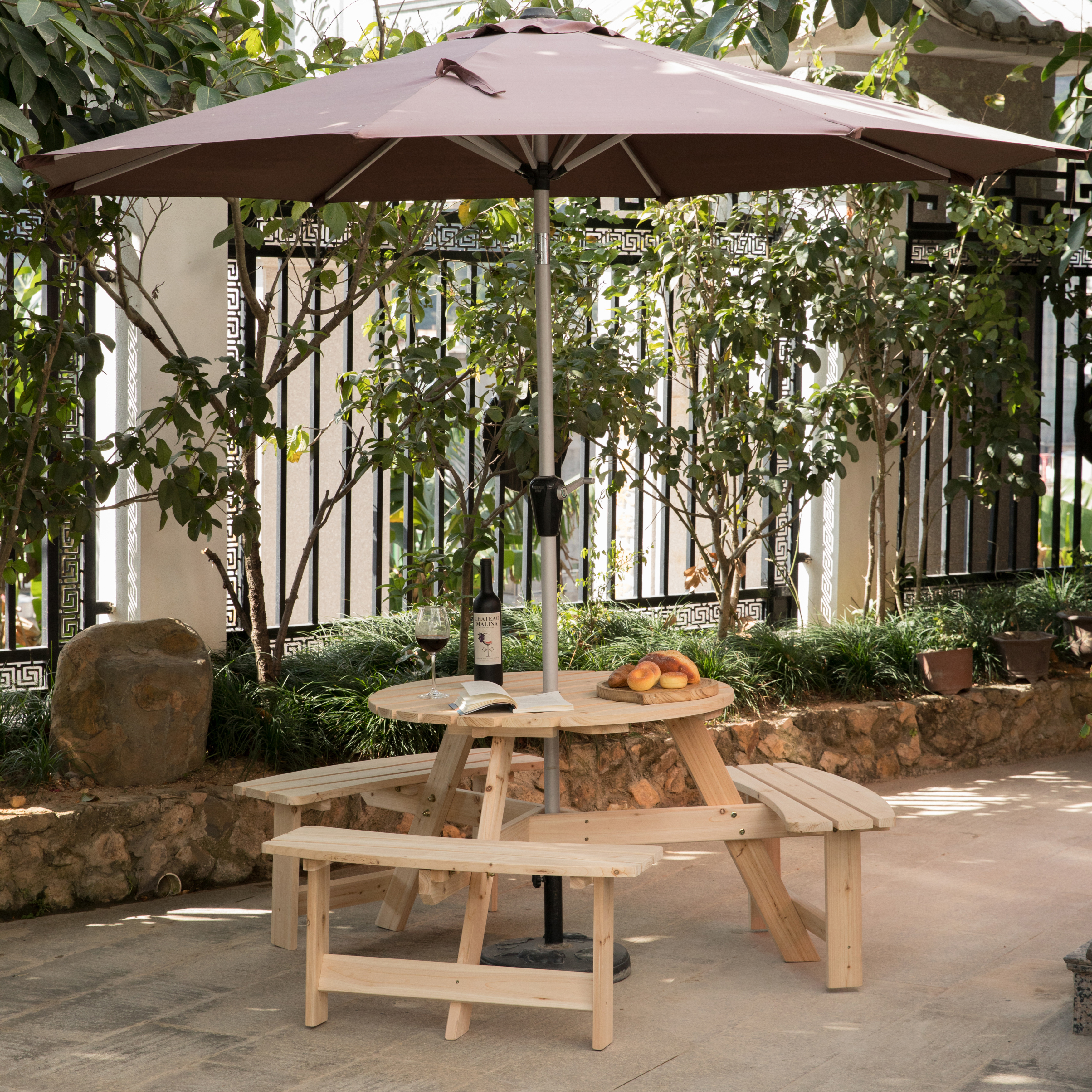 Folding picnic table with shop umbrella