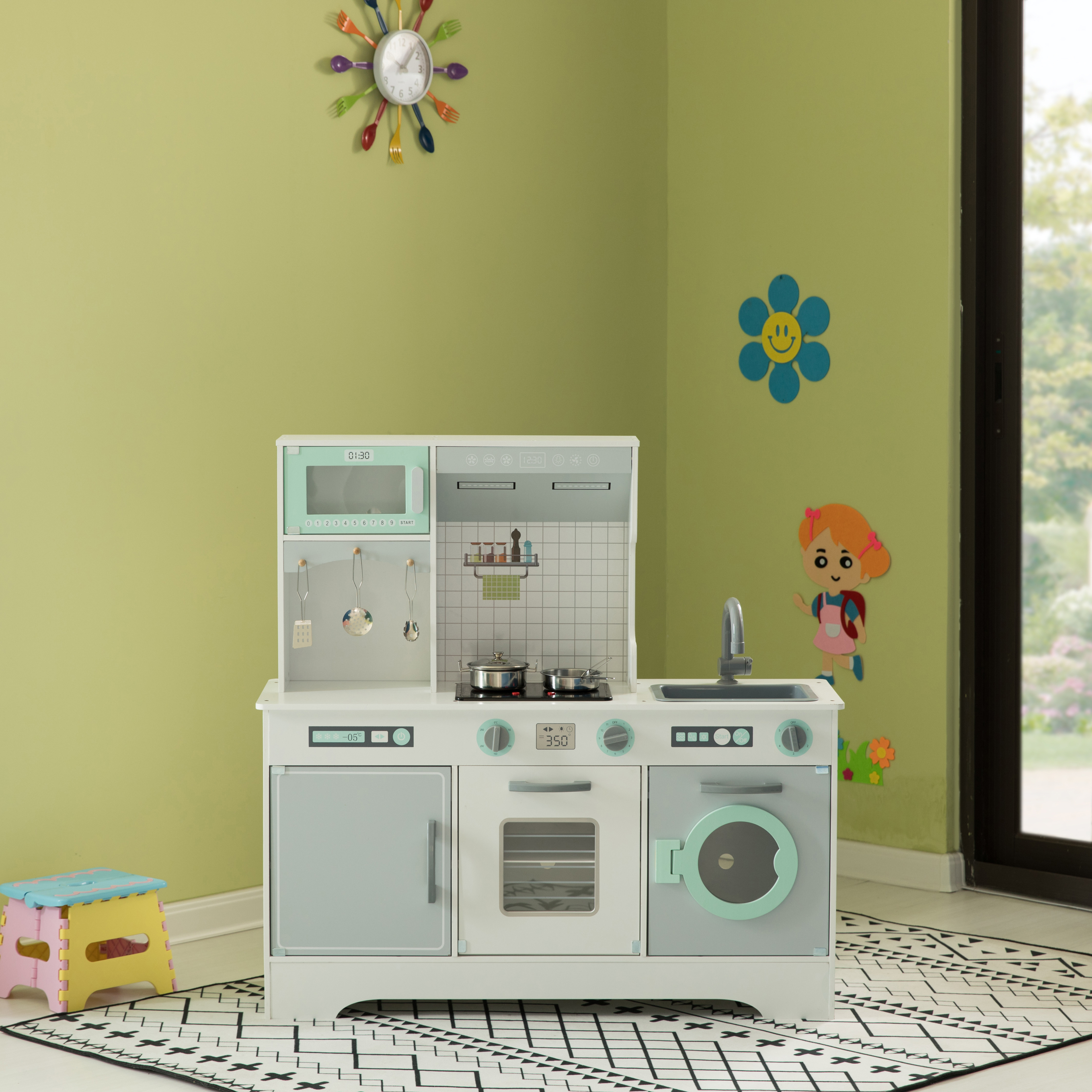 Wooden Play Kitchen Toy, Light on Microwave, Cabinet, Washer, Sound Electronic Stove, Microwave and Sink Ages 3+